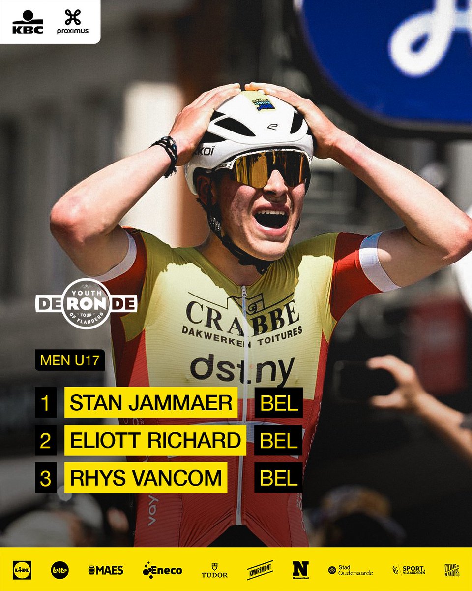 RondeVlaanderen's tweet photo. The top three at the end of the Men U17 sprint finish ⬇️ #RVV26 https://t.co/7F1H5gB6LI