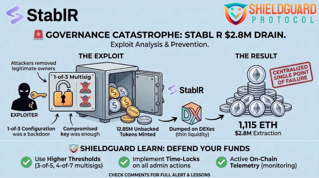Shieldguardio's tweet photo. 🚨 $2.8M DRAINED: Was the StablR exploit a hack, or an insider exit scam? 🚨

@StablREuro A "1-of-3" multisig threshold for a stablecoin minting contract isn't just bad security, it's a centralized backdoor waiting to be opened.

The attacker only needed ONE single compromised key to:

1️⃣ Hijack the owner list
2️⃣ Boot the other legitimate signers
3️⃣ Print 12.85M unbacked ethereum:0x7b43e3875440b44613dc3bc08e7763e6da63c8f8 & $EURR
4️⃣ Dump it for 1,115 ethereum:native ($2.8M)

This wasn't a complex smart contract bug. It was a catastrophic governance and key management failure.
#DeFiSecurity #CryptoScam #StablR ethereum:native  ethereum:0x7b43e3875440b44613dc3bc08e7763e6da63c8f8  $EURR #ShieldGuard

👇 Please check the comments to read the full Scam Alert & learn how to protect yourself.