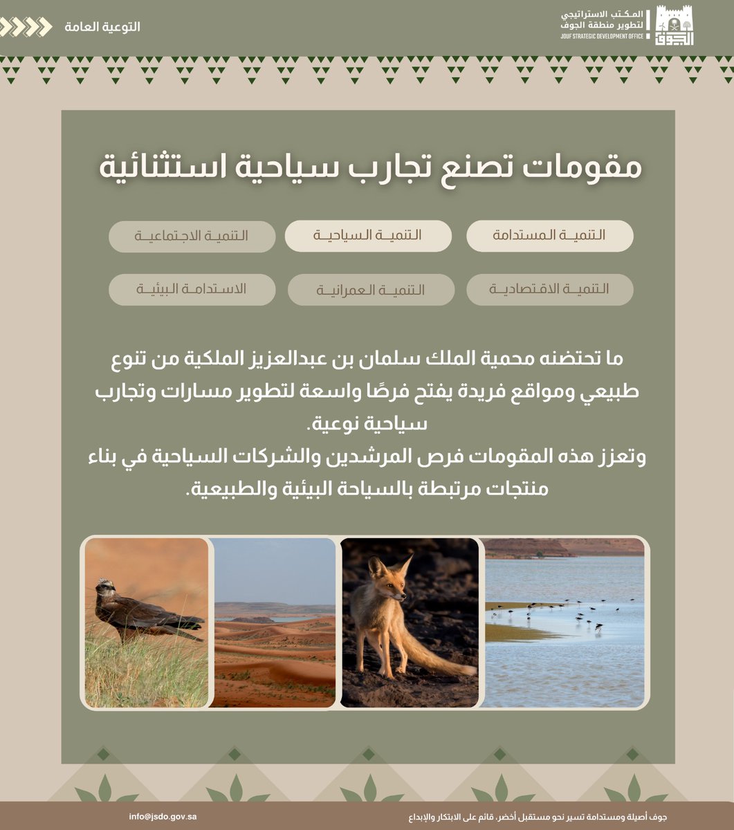 Jso_ksa's tweet photo. المقومات الطبيعية والتنوع البيئي الذي تحتضنه محمية الملك سلمان بن عبد العزيز الملكية يفتح آفاقًا واسعة لتطوير منتجات ومسارات سياحية نوعية، بما يعزز فرص المرشدين السياحيين والشركات السياحية في تقديم تجارب مرتبطة بالسياحة البيئية والطبيعية.

#محمية_الملك_سلمان_بن_عبدالعزيز_الملكية
#المكتب_الاستراتيجي_لتطوير_منطقة_الجوف