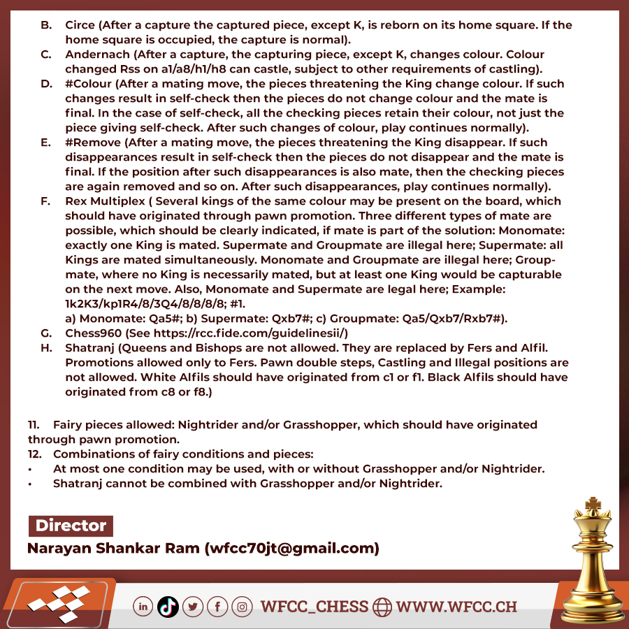 Wfcc_Chess's tweet photo. The WFCC 70th Jubilee Tourney 2026 (WFCC-70JT)
https://t.co/iY5q6OoSSY

The tourney director is Narayan Shankar Ram (wfcc70jt@gmail.com).

Composers worldwide are warmly invited to submit their best works.

pdf: https://t.co/tG9JeYVDzc https://t.co/2Vy3tUufGV