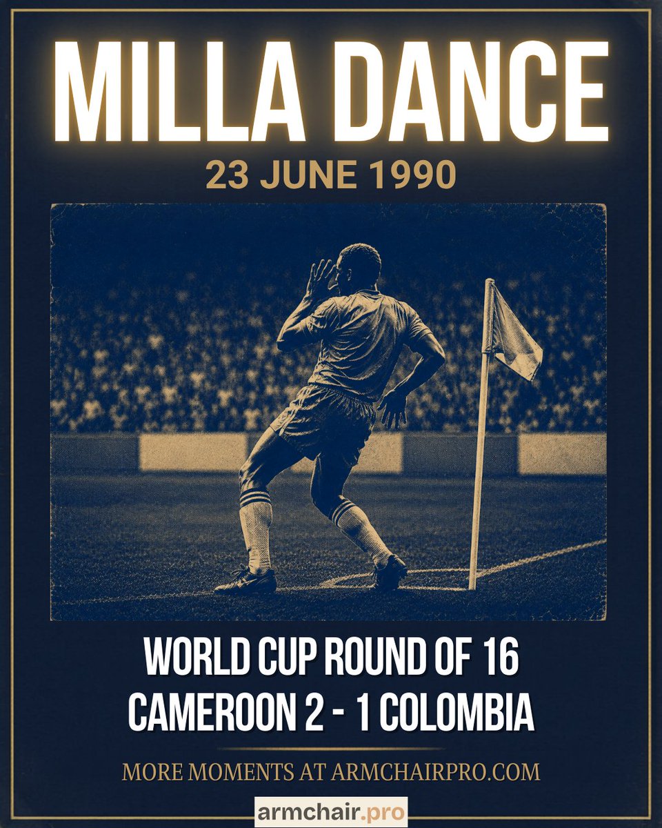 armchair_pro's tweet photo. 38yo Roger Milla came off the bench scored an extra time brace, ran to the corner flag, hips swaying in celebration.

Cameroon, becoming the first African team in World Cup history to reach the quarter-finals.

🇨🇲 2-1 🇨🇴

The dance etched into #WC folklore. 

#2026WorldCup #WC26 https://t.co/59xdeVPMtE