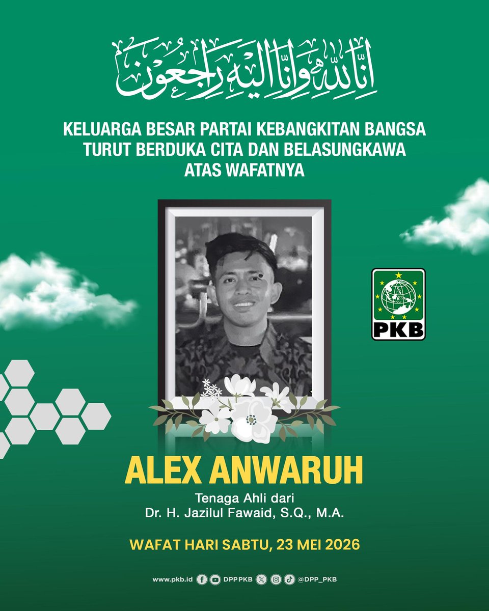 DPP_PKB's tweet photo. Innalillahi wa innailaihi roji’un🥀

Keluarga Besar PKB turut berduka cita atas wafatnya Alex Anwaruh, Tenaga Ahli Dr. H. Jazilul Fawaid, S.Q., M.A.

Semoga almarhum husnul khatimah dan keluarga yang ditinggalkan diberikan ketabahan.

#PKB https://t.co/QgfIJvqUr8
