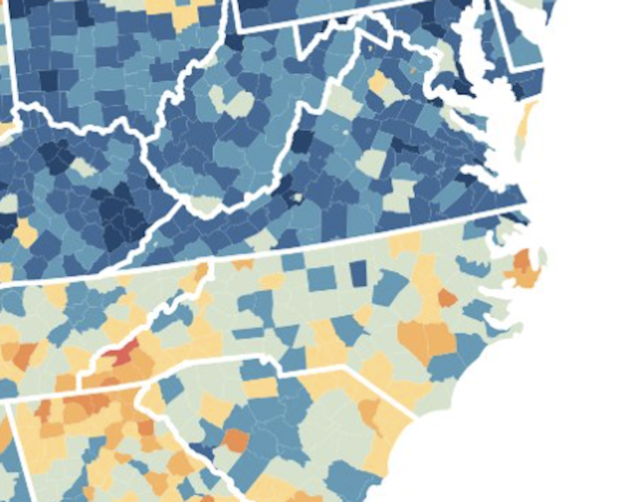 ForwardCarolina's tweet photo. Americans who lack health insurance today mostly live in the South, and overwhelmingly in states that either have not expanded Medicaid, or resisted doing so until very recently.

See that bright divide between Virginia and North Carolina? Virginia expanded Medicaid back in 2019, so many more of their people now have reliable health insurance. North Carolina's leaders fought it tooth and nail until the very end of 2023, so there's been much less time for people to sign up.

Take just one example: up in the northwest corner of our state, Alleghany County is not radically different from Grayson County, Virginia (right across the state line). Yet 4x as many North Carolinians in Sparta lack health insurance than do Virginians up in Independence.

That's a political choice that North Carolina's state lawmakers thought was worth making.

And the worst part? Many of them still think they went too far.

Credit: @toddrjones
