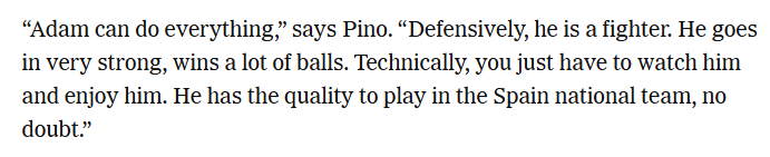 krishan_davis's tweet photo. Just come across this quote again from *Spain international* Yeremy Pino on Adam Wharton to The Athletic last year. Makes you think. https://t.co/d6ZaQn8rPp