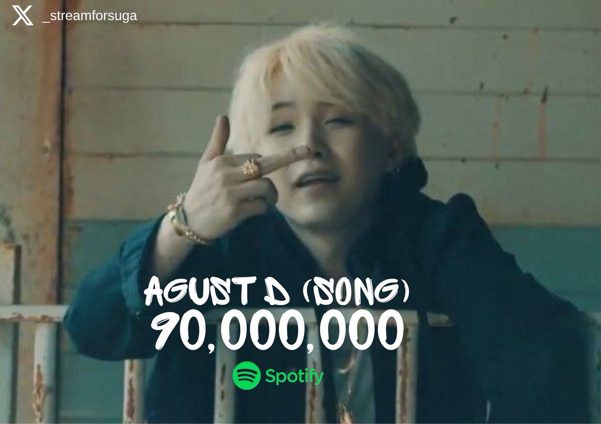 _streamforsuga's tweet photo. [#SFS_Milestone]
'Agust D (songs) has surpassed 90M stream on Spotify. 

#AgustD #슈가 #SUGA #방탄소년단 @BTS_twt https://t.co/zUWAElnSHi
