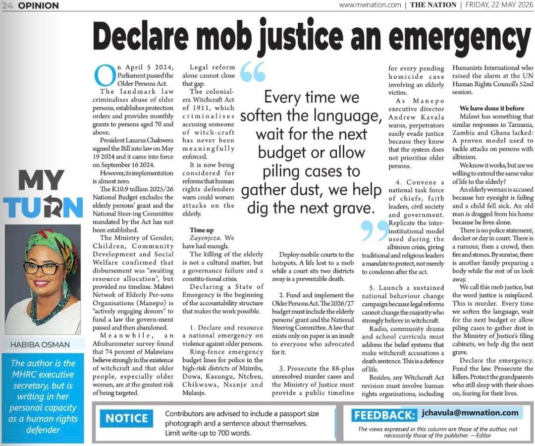 HabibaRezwana's tweet photo. Sharing the second part of my OpEd. As advocates let's leverage all platforms to mobilize, galvanize and call for all kinds of actions to end impunity and protect our older persons in Malawi. @HumanRightsMW @BBCAfrica @_AfricanUnion @NANHRI40 https://t.co/aOna31ScyM