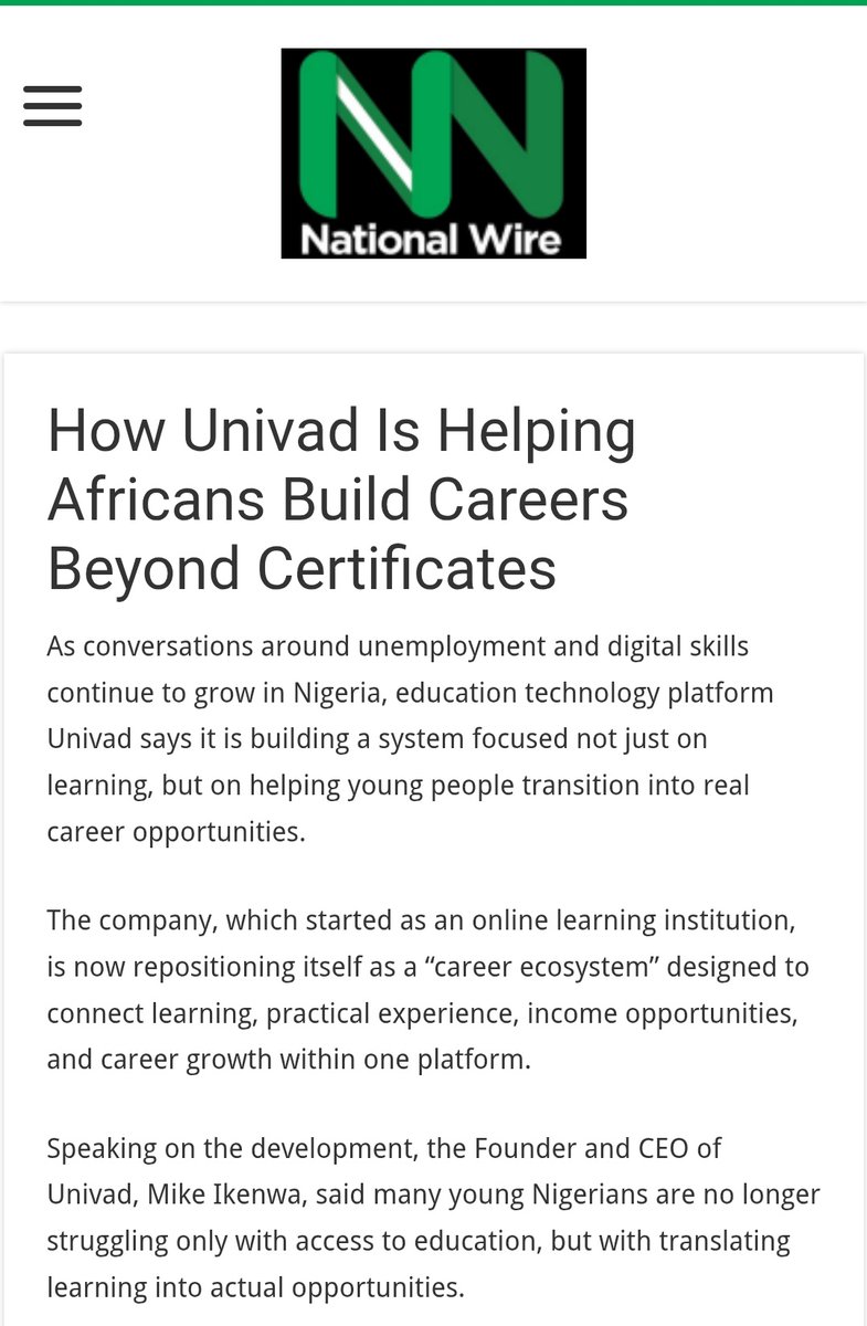 CryptKanmi's tweet photo. On the news: @UnivadOnline features on @nationalwireng | How Univad ls Helping Africans Build Careers Beyond Certificates. https://t.co/dLrzJpxOpr