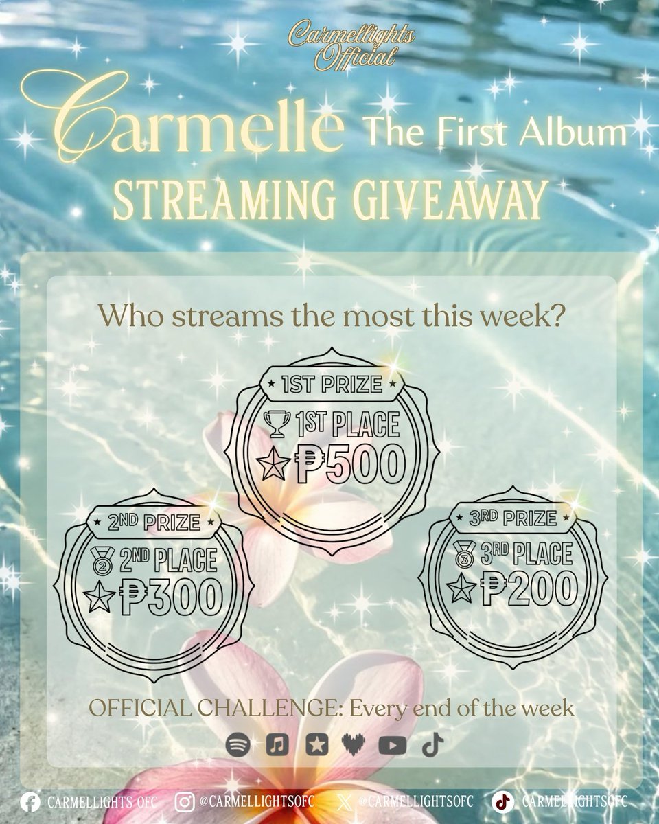 carmellightsofc's tweet photo. 𝐂𝐀𝐑𝐌𝐄𝐋𝐋𝐄’𝐒 𝐅𝐈𝐑𝐒𝐓 𝐀𝐋𝐁𝐔𝐌 𝐒𝐓𝐑𝐄𝐀𝐌𝐈𝐍𝐆 𝐂𝐇𝐀𝐋𝐋E𝐍𝐆𝐄

Hi, Carmellights!

Who’s G for this challenge again? Let’s continue supporting Carmelle and help her album reach more listeners! We all know how much her music deserves to be heard, so we’re officially launching our weekly streaming challenge once again!

The more you stream, the bigger your chance to win exciting prizes. Let’s make Carmelle’s album shine even brighter together! 💛

🏆 𝐏𝐑𝐈𝐙𝐄𝐒
🥇 1st Place — ₱500
🥈 2nd Place — ₱300
🥉 3rd Place — ₱200

📌 𝐌𝐄𝐂𝐇𝐀𝐍𝐈𝐂𝐒 - READ THE MECHANICS CAREFULLY!!

• Stream Carmelle’s album on Spotify.
• You must have at least 100 plays from the album to qualify.
• Your Top Artist must be CARMELLE during the challenge period.
• At least one song from the album must appear in your Top Songs.
• Your Top 5 songs/artists must be visible in your screenshots or screen recordings.
• Send clear and unedited screenshots/screen recordings of your streaming stats as proof.
• Winners will be based on the highest number of streams/plays by the end of the week.
• Dummy streams, fake streams, and edited proofs will automatically be disqualified.
• Respect everyone joining and let’s keep this challenge fun and healthy for all Carmellights.

Winners will be announced at the end of week!

Let’s continue giving Carmelle the love, streams, and recognition she deserves. Stream responsibly and enjoy the music, Carmellights! 🎶✨

#CarmelleCollado || @carmelle_lite • @MadamYenggg