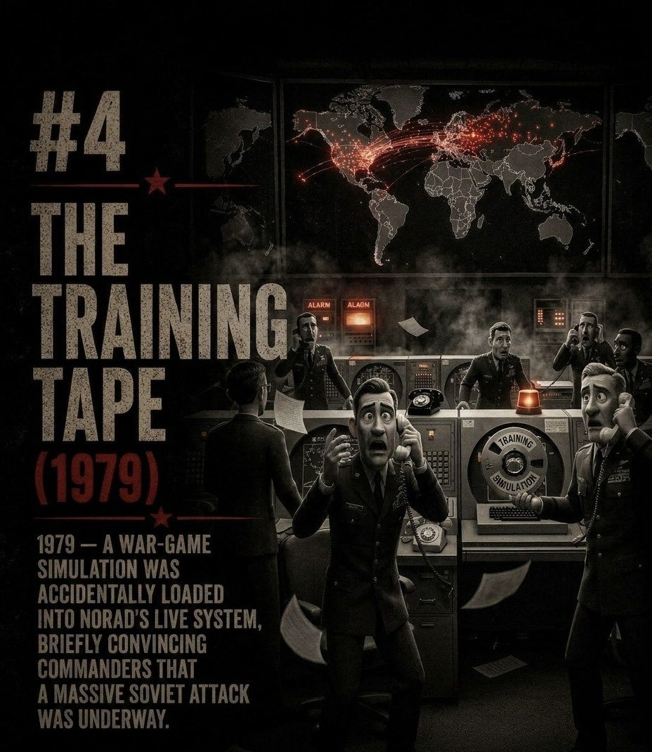 thewartoon's tweet photo. Six declassified Cold War moments where nuclear command systems hit dangerous false alarms, technical failures, or human misunderstandings. A bear. A broken chip. A training tape played by mistake. Real history, not fiction. Which one shocked you most? 1/2 #coldwar #nuclear #nuclearbomb #alert #usa