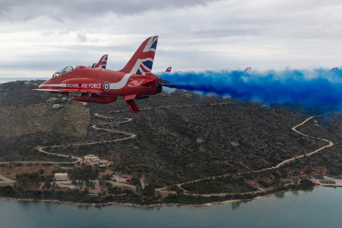 rafredarrows's tweet photo. The Red Arrows have been in Crete this weekend, for the first display of the 2026 season. The team performed at events attended by HRH The Princess Royal and marking the 85th anniversary of the Battle of Crete. Great images of nine jets - including in Diamond formation - above Crete.