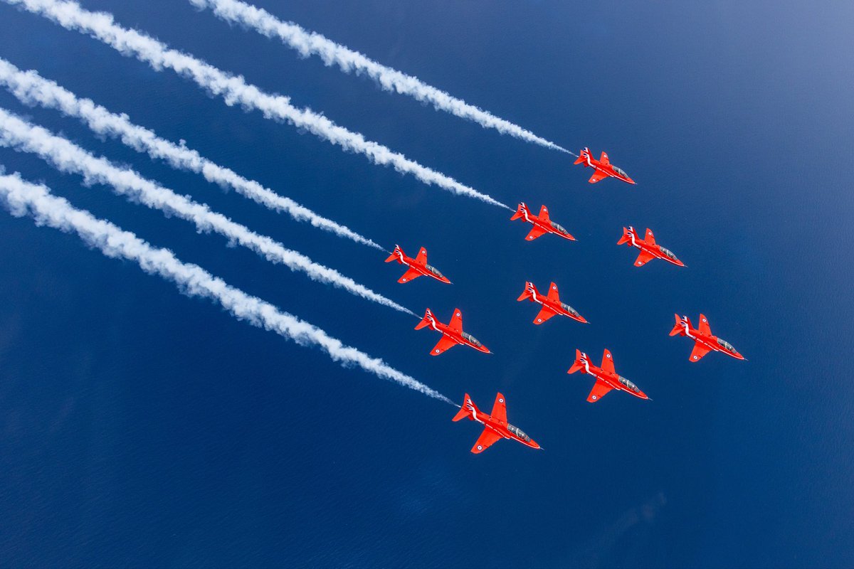 rafredarrows's tweet photo. The Red Arrows have been in Crete this weekend, for the first display of the 2026 season. The team performed at events attended by HRH The Princess Royal and marking the 85th anniversary of the Battle of Crete. Great images of nine jets - including in Diamond formation - above Crete.