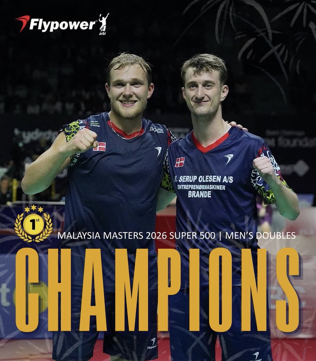 Flypower_japan's tweet photo. Mads & Daniel、初の Super 500 制覇。
マレーシアマスターズ男子ダブルス決勝、地元の声援を背負ったマレーシアペアを破っての優勝です。
心からおめでとうございます🇩🇰🏸
使用ラケット&シューズはこちらから
https://t.co/uNvWAQzLPC
#Flypower #MalaysiaMasters2026 #バドミントン https://t.co/5sadHYLPlB