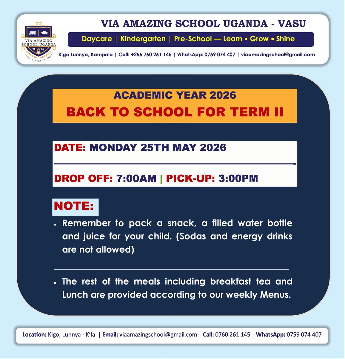 ViaAmazingSch's tweet photo. BACK TO SCH TERM II - 2026 📌
Dear Parents/Guardians, 🌹we hope you've had a wonderful holiday break with the little ones.

Term II Begins tomorrow and we look forward to warmly welcome our Kindergarteners back to VASU 🪴❤️✨ Learn • Grow • Shine 🌸

— Via Amazing School — https://t.co/n4w38eP5nC