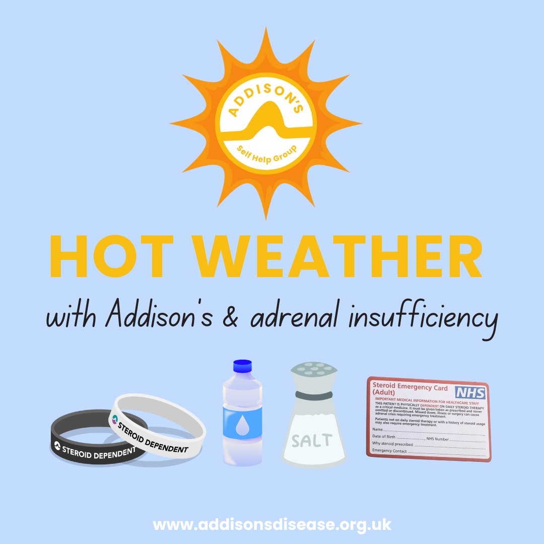 AddisonsUK's tweet photo. Suns out, stay safe 😎 Temperatures are set to rise this week 🔥

If you have Addison's disease or adrenal insufficiency, there are some extra precautions to take in hot weather to help you stay well. Here are our top tips for handling the #HeatWave ➡️ https://t.co/xQl28KBLOC https://t.co/OUi92CAuvA