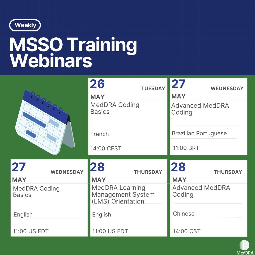 MedDRAMSSO's tweet photo. This week our team will present #MedDRA training webinars in Brazilian Portuguese, Chinese, English, and French. All sessions are available for registration on our Schedule:
https://t.co/I176MqM7Ny https://t.co/ZC29sEoPll