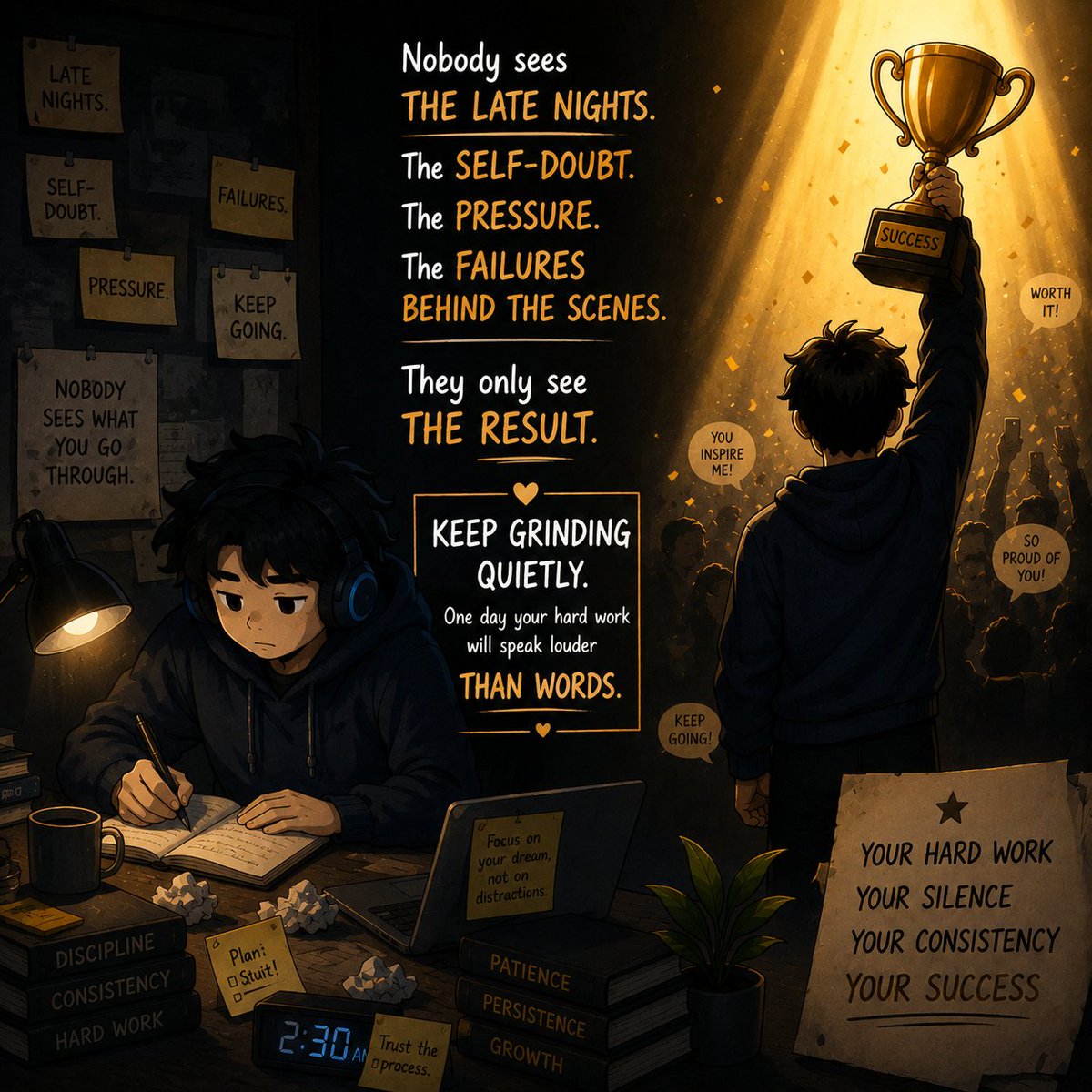 HashTitan2f4's tweet photo. Nobody sees the late nights.
The self-doubt.
The pressure.
The failures behind the scenes.
They only see the result.
Keep grinding quietly.
One day your hard work will speak louder than words.
#TheCompassCommunity https://t.co/yrk691hAqx