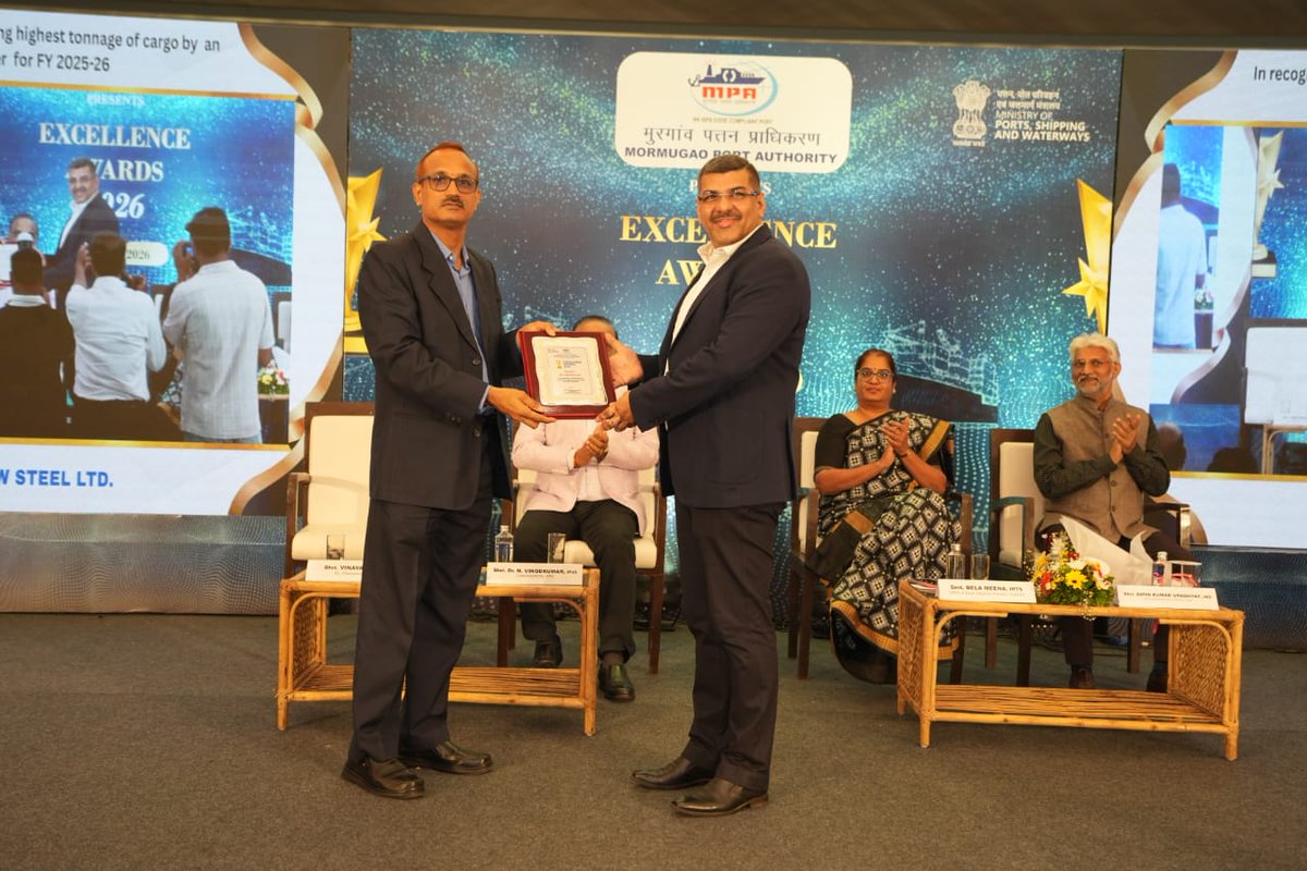 chairmanmgpt's tweet photo. Mormugao Port Authority hosted Excellence Awards 2026 on 22.05.2026 to honor the stakeholders behind our outstanding cargo traffic performance of 21 MMT cargo with a Year on Year growth of 15.91% in FY 2025–26. https://t.co/DCjwTLxK1L