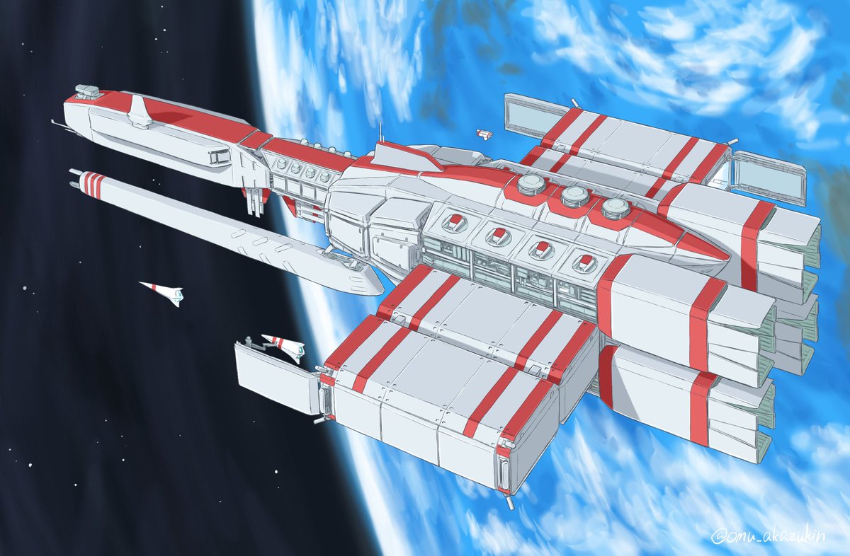 「銀河捕鯨連盟所属 宇宙戦艦アークトゥルス5 宇宙鯨の跳躍に巻き込まれ、未開の星系」|オム頭巾のイラスト