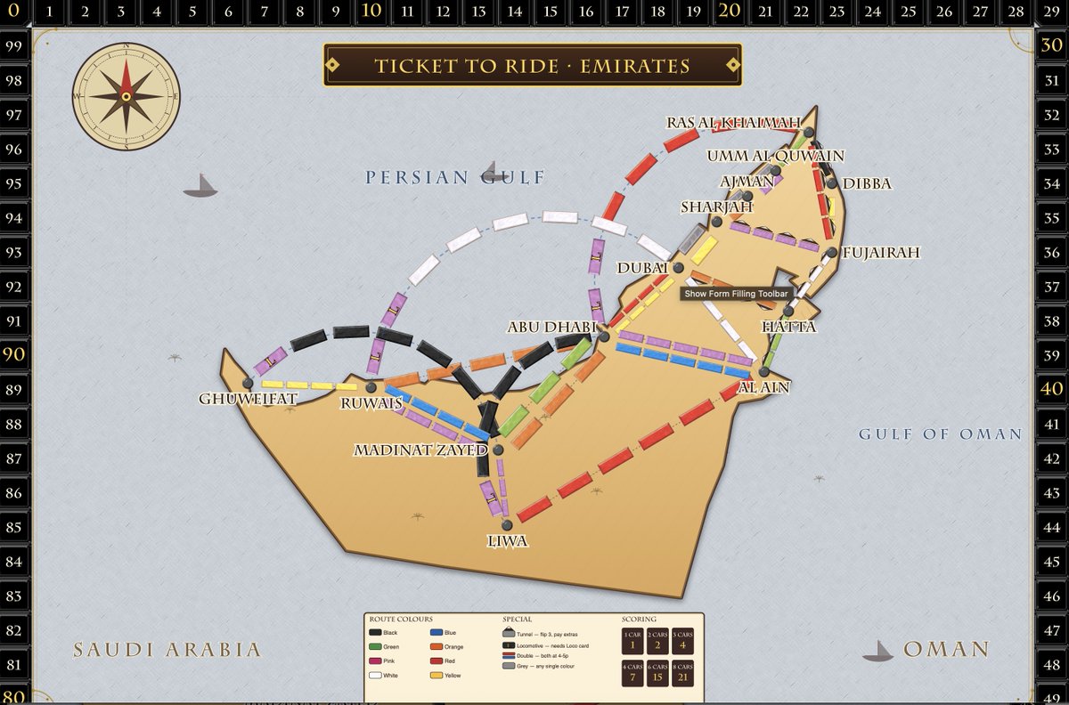 tvpavan's tweet photo. AI doing its magic , board games have become new passion.  What i learnt in this process. Never Never evey say to AI.

/goal "recreate Ticket to ride in UAE, similar to EU, Dont make mistakes".
This 100% never works.

Its just for personal fun. Dont throw copyright on me :P https://t.co/Pi0s0wApgD
