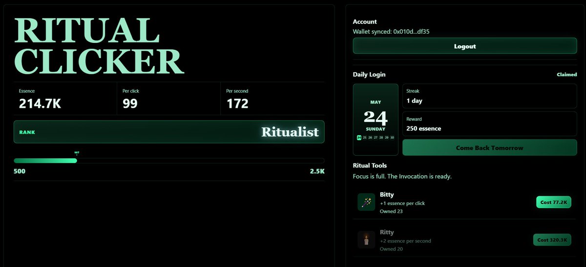 callmehannnnnnn's tweet photo. I just built my first game on @ritualnet Testnet

Introducing Ritual Clicker Game

A simple game where every click pushes you deeper into the Ritual  

The game features :
- Ranks from Bitty all the way to Zealot 
- Daily check in system 
- Achievements 
- Upgrades 
- Leaderboard system 
- Share your in game stats  

TLDR :
- Onchain features currently include daily check in, claiming achievements, activating 2x boost and manual score submission to leaderboard 
- The game is compatible on both desktop and mobile. For mobile users, make sure to open it through the MetaMask browser!! 
- Make sure to reconnect your wallet every time you come back to the game, so your progress saves properly!!  

Try the Game
🔗https://t.co/JmePwK8E78

Feel free to quote this post with your feedback, share your experience playing, report bugs, or tell me what features should be added next!! 
It would really help me improve the game and I’d genuinely appreciate it!!

@joshsimenhoff @Jez_Cryptoz @cryptooflashh @0xMadScientist
#BuildOnRitual