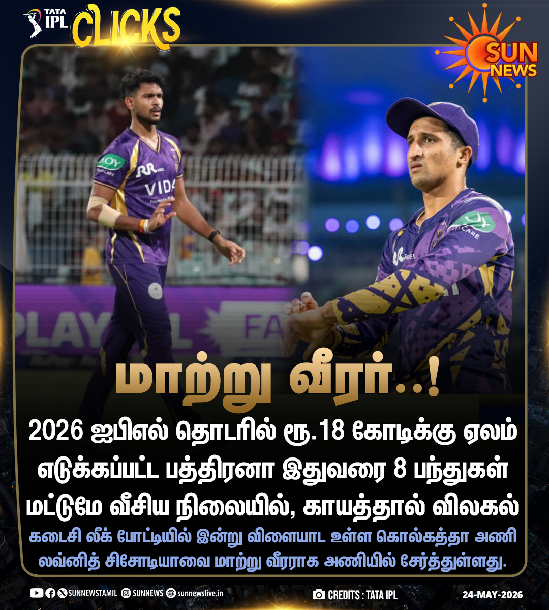 sunnewstamil's tweet photo. #IPLUpdate | கொல்கத்தா அணியில் இணைந்த புதிய வீரர்
#SunNews | #Pathirana | #IPL2026 | #KKR https://t.co/kzoKDat7yu