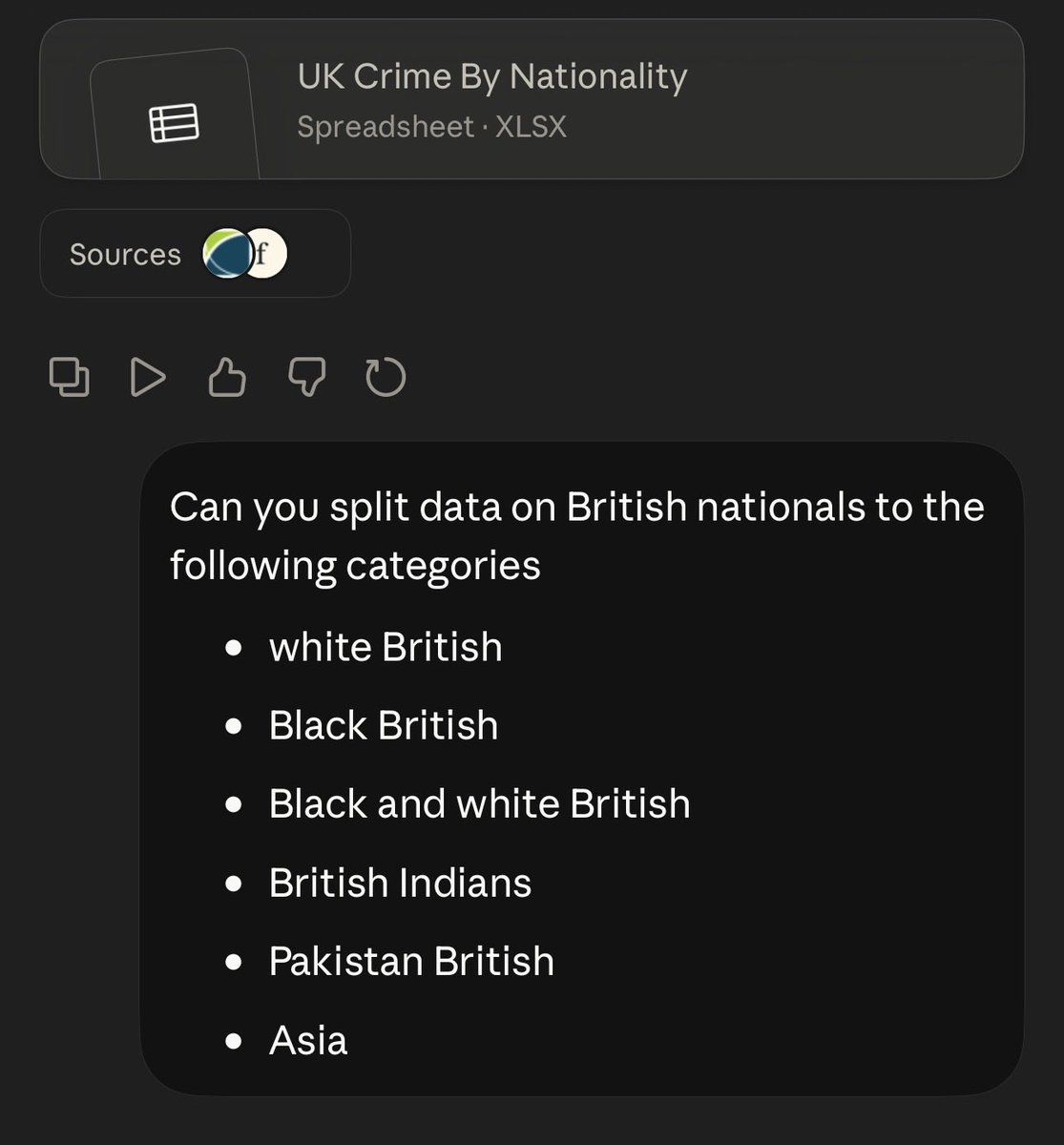 LordMavoy's tweet photo. To provide further context regarding the UK data, I will share both my original prompt and the feedback received. The focus is primarily on achieving a clearer and more accurate breakdown of UK figures, recognising that British nationals consist of a wide range of ethnic backgrounds, and therefore a more detailed ethnic split would provide a more representative analysis. Statistics is around 
- conviction by British Ethnicity 
- Arrest by British Ethnicity 
- Prison Population by British Ethnicity 
- offences by type of British Ethnicity