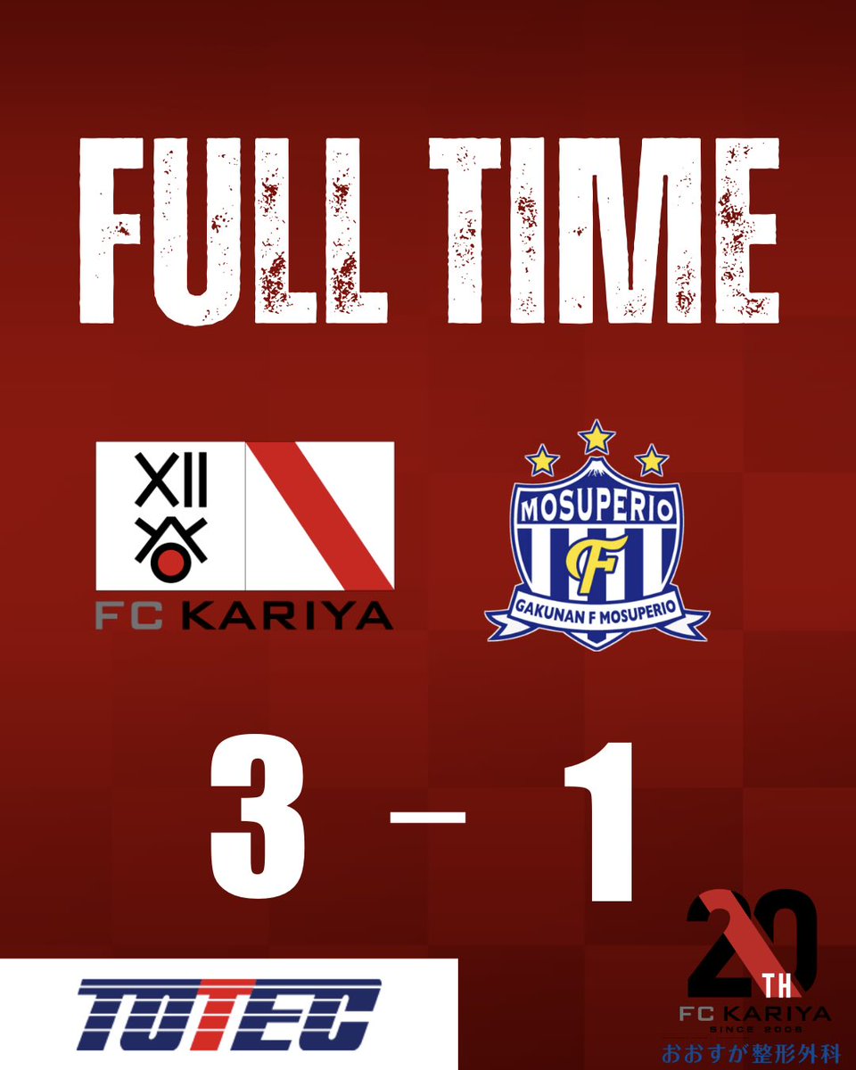 fckariya_staff's tweet photo. ◤5/24試合速報◢#fckariya
🏆第61回東海サッカーリーグ
👑#トーテックグループ presentsマッチ
🤝#東浦町 #西尾市 #安城市 #豊明市 ホームタウンデー

⚽️試合終了⚽️

#FC刈谷 3-1 #岳南Fモスペリオ https://t.co/6KZLhzSEOI