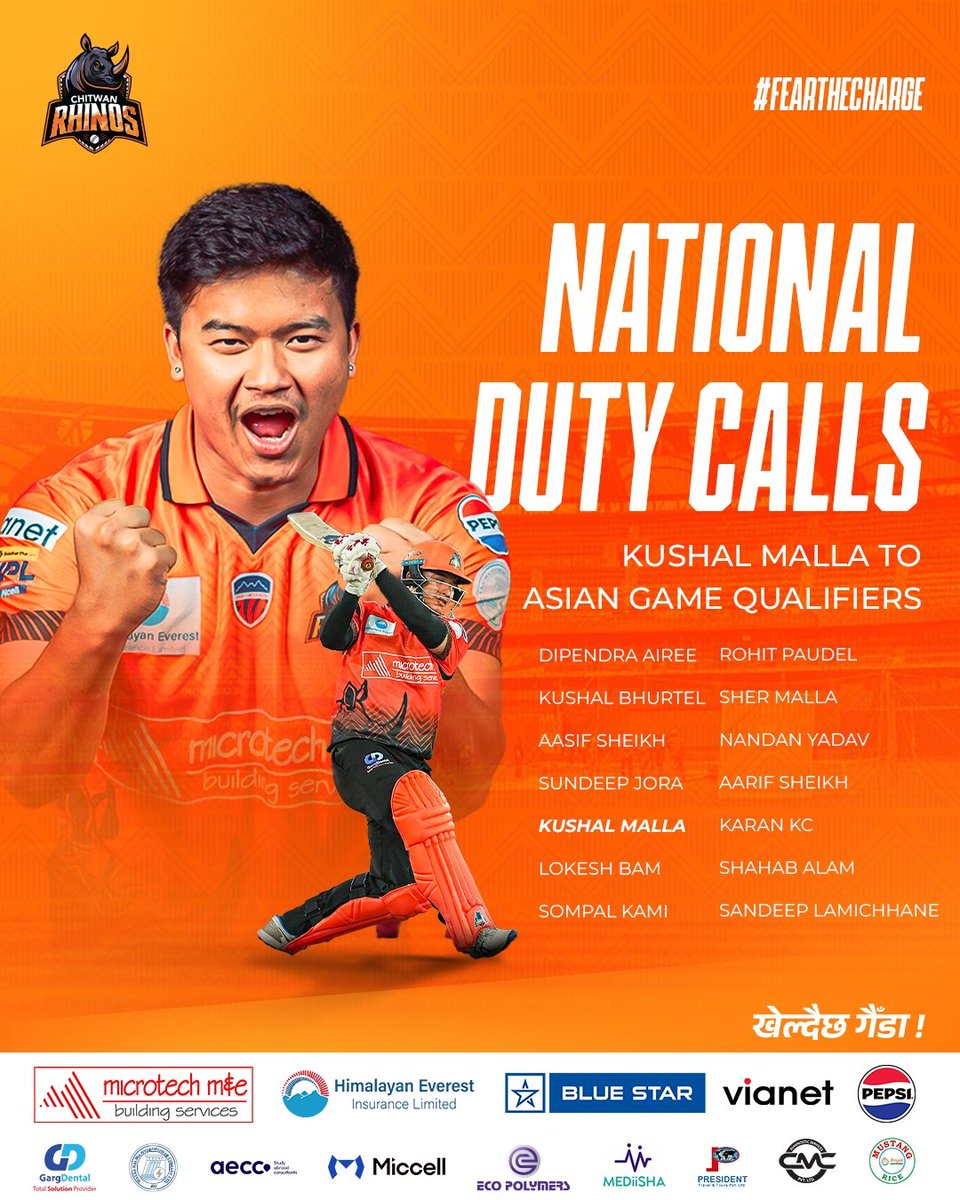 chitwan_rhinos's tweet photo. Orange runs in the veins, national pride in the heart. 🧡🇳🇵
Best wishes to Kushal Malla and the Rhinos boys for the Asian Games Qualifiers , go make the nation roar louder! 
#FearTheCharge #ChitwanRhinos #AsianGamesQualifiers #RhinosPride #NepalCricket https://t.co/mRouWEAHKj