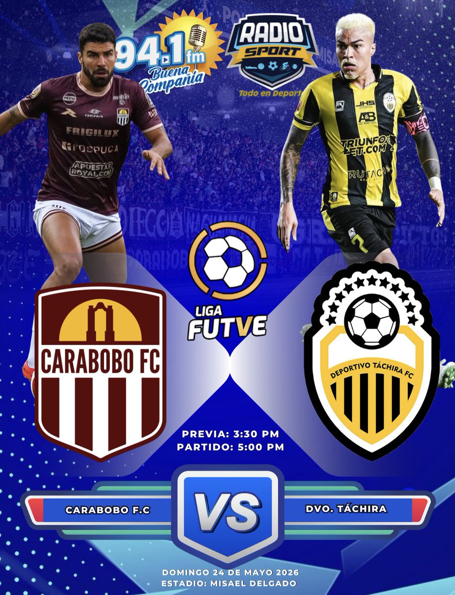 RadioSportTD's tweet photo. 🏆 @LigaFUTVE 🇻🇪 
⚽ @Carabobo_FC 🆚 @DvoTachira
📍 Apertura 2026 - Cuadrangular - J5
🏟️ Misael Delgado 
⏰ 5:00 PM
📻 Buena Compañía 94.1 FM
📺 YouTube @RadioSportTD

https://t.co/a3lGwA4Arm

#LigaFUTVEx941FM #Venezuela #DvoTachira #Tachira #Carabobo https://t.co/KXGSg7yR3r