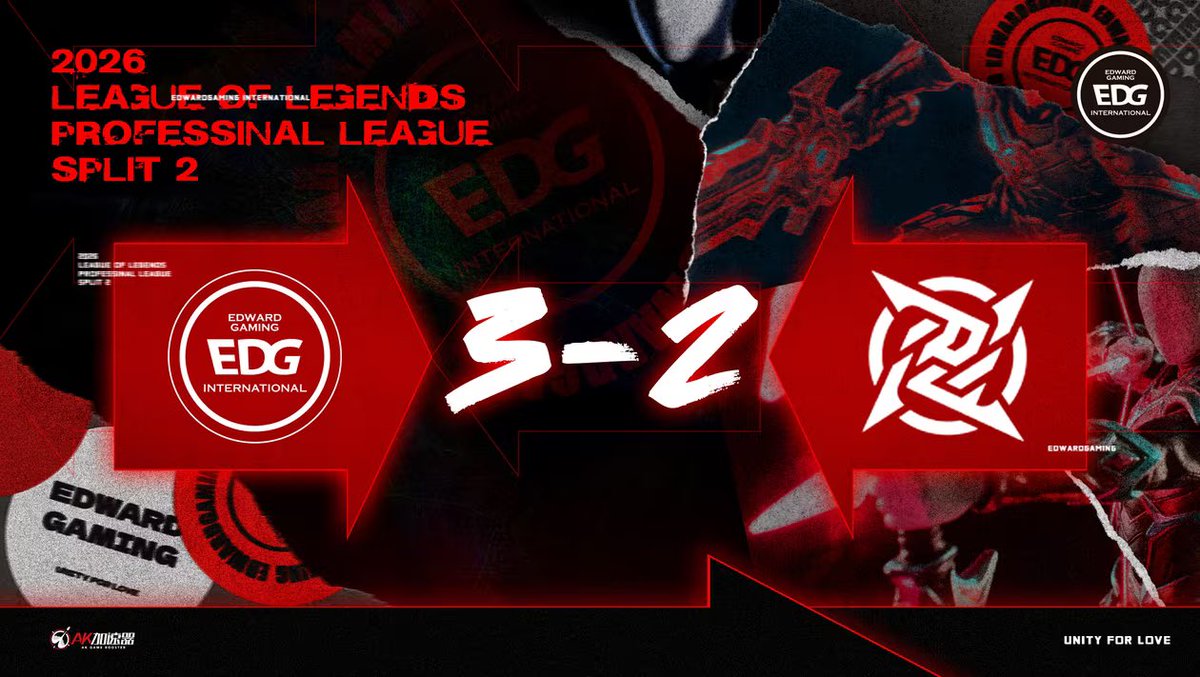 EDG_Edward's tweet photo. [2026 LPL split 2]
Today’s result:
EDG 3:2 NIP 

Game1 MVP：Xiaohao 
Game3 MVP：Leave
Game5 MVP：Leave

#EDGWIN #LPL https://t.co/RajSlAmzfI