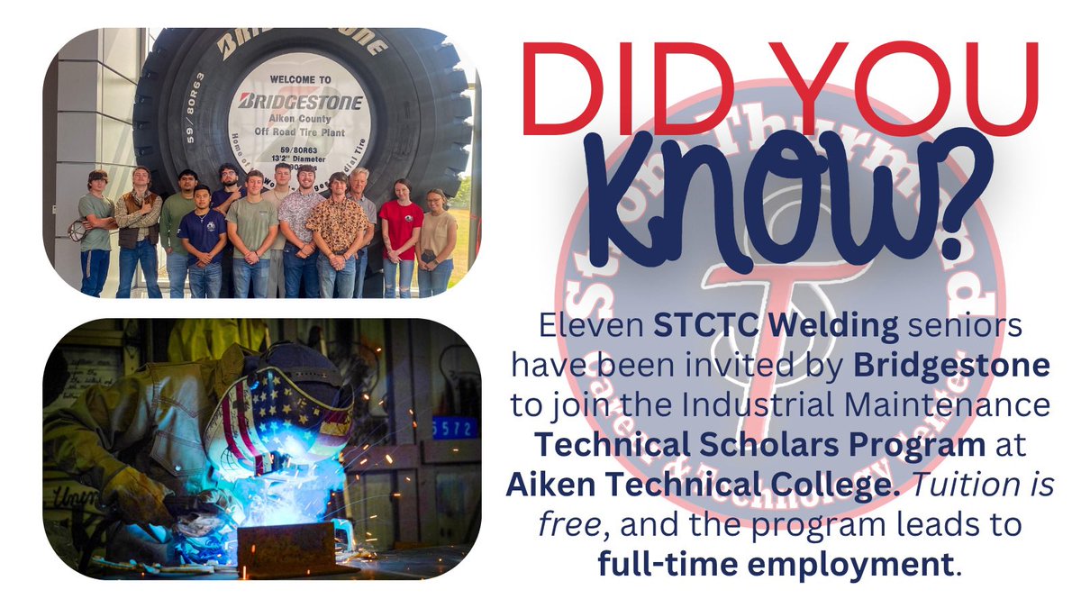 ECSD_SC's tweet photo. DID YOU KNOW? Eleven of our Strom Thurmond Career and Technology Center (STCTC) seniors in our Welding Program led by teacher Ben Timmerman have been offered to join the Bridgestone Industrial Maintenance Program offered through the Technical Scholars Program at Aiken Technical College? The program allows high school graduates to begin their career with a sponsor company by using the skills they’ve already acquired in high school while they complete their college training, with all of their training fully funded. It’s a great opportunity for students at STCTC! 

#GrowingGreatness
#CareersStartHere 
#STCTC