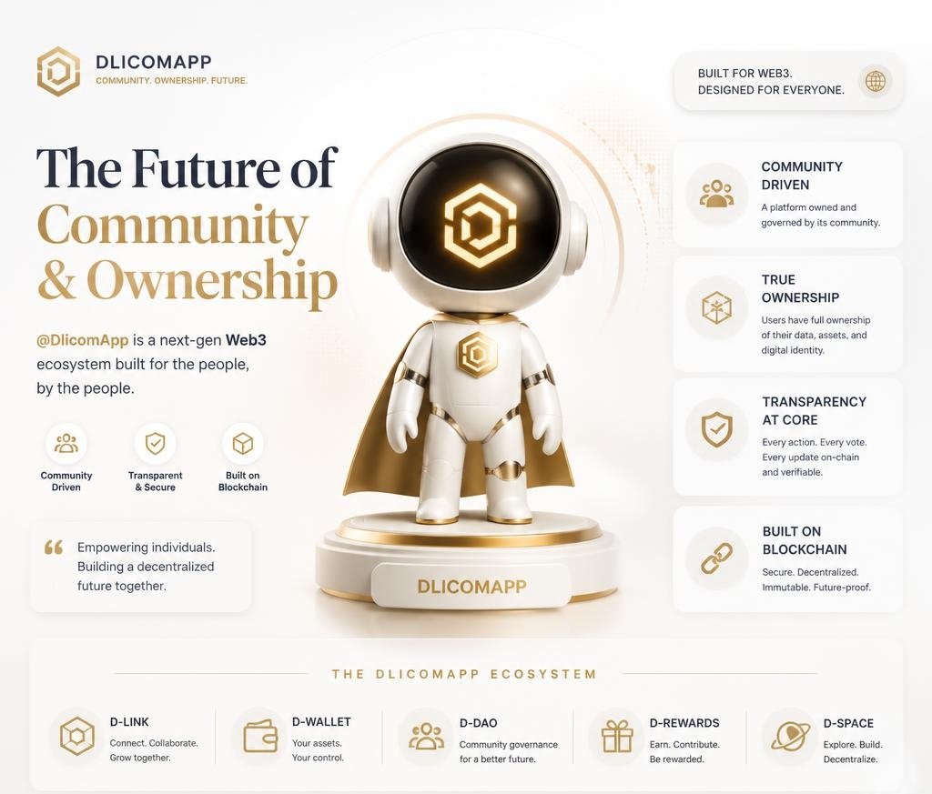 Web4cvv's tweet photo. The future of community &amp; ownership starts with @DlicomApp 

Built for Web3.
Powered by transparency.
Driven by community..! https://t.co/w4RKnvrspd