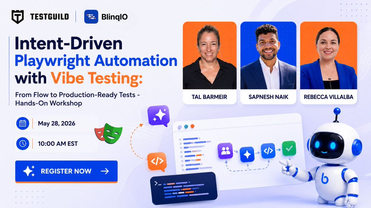testguilds's tweet photo. 🚀 Writing more scripts isn’t solving automation problems. Teams need workflows that scale without multiplying maintenance work. Learn how intent-driven testing generates, executes &amp; adapts #Playwright tests using AI + real user behavior. 👉https://t.co/cZAHq4XhnV  @BlinqIo https://t.co/vWjkgU8zA2