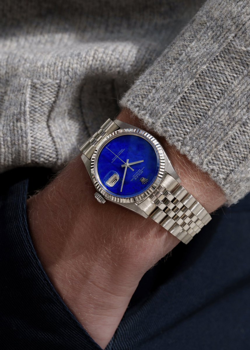hairspringwatch's tweet photo. Live in Exclusives. A ref. 1601/9 Datejust featuring a vivid lapis lazuli dial. Across white gold and platinum, only a handful of hardstone dial Datejusts were ever made in white precious metal. These few pieces have become a collecting category in themselves, highly sought-after for not just their rarity but also the inherent discretion of the metal. Differentiated by its natural pyrite veins, gold aperture surrounds, correct T Swiss T signature, matching white gold Jubilee bracelet, and exceptionally well-preserved state, this Datejust is an irreplicable proposition. https://t.co/nOWtAzy3om