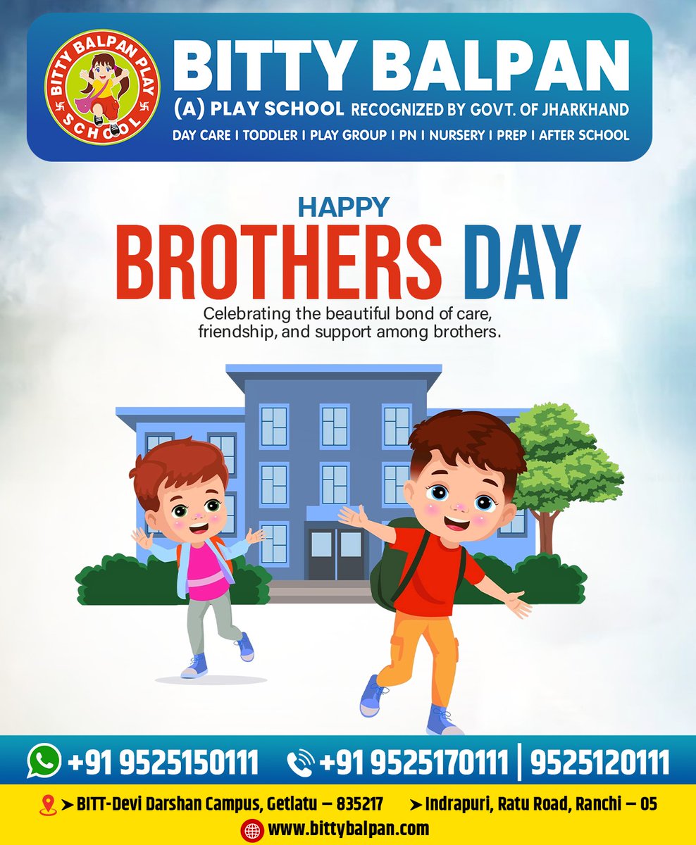 bittybalpan's tweet photo. 💙 Happy Brothers Day 💙

May this special bond always stay strong and filled with happiness.
Warm wishes from Bitty Balpan Play School 🌈

📞 +91 9525150111 | +91 9525170111 | 9525120111
🌐 https://t.co/PY7GwxqPgd

#BrothersDay #HappyBrothersDay #SiblingLove #BittyBalpan https://t.co/ePYyOx4ZQU