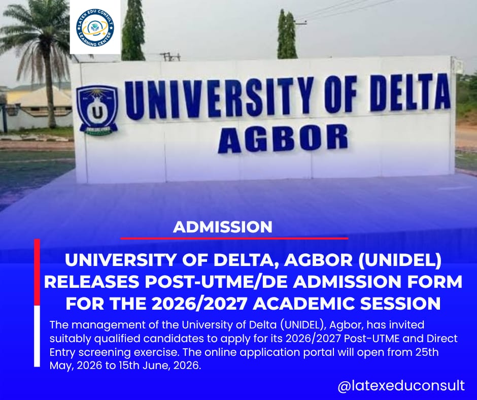 Latechupdate's tweet photo. 🔥UPDATE 🔥

UNIVERSITY OF DELTA, AGBOR (UNIDEL) RELEASES POST-UTME/DE ADMISSION FORM FOR THE 2026/2027 ACADEMIC SESSION

LATECH UPDATE
#latexeduconsult #jamb2026 #education @unidelagbor https://t.co/7P84w5glKx