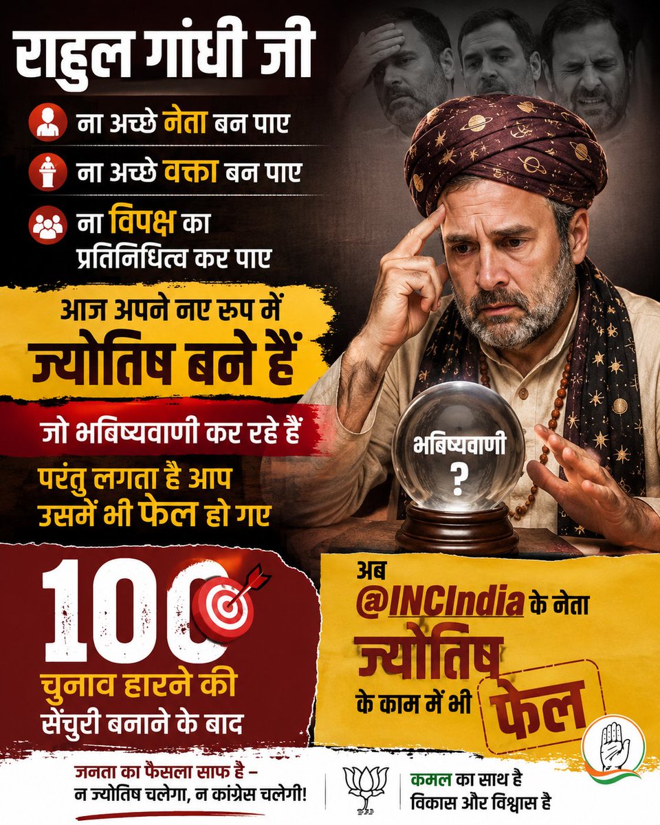 SanketAdv's tweet photo. @RahulGandhi जी ना अच्छे नेता बन पाए, ना अच्छे वक्ता बन पाए, ना विपक्ष का प्रतिनिधित्व कर पाए 
आज अपने नए रूप में ज्योतिष बने हैं जो भविष्यवाणी कर रहे हैं 
परंतु लगता है आप उसमें भी फेल हो गए 
100 चुनाव हारने की सेंचुरी बनाने के बाद अब 
@INCIndia के नेता ज्योतिष के काम में भी फेल https://t.co/DeXpKOsGJP