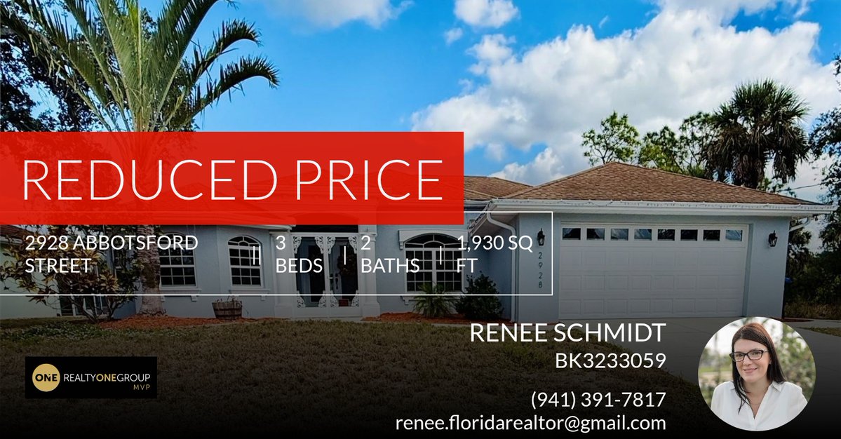 reneeschmidt's tweet photo. 📍 Reduced Price 📍 This recently reduced home at 2928 Abbotsford Street in North Port won't last long, so, don't wait to set up a showing! Reach out here or at (941) 391-7817 for more information!

Renee Schmidt 
Realtor-Broker As... https://t.co/6BQAymtoeb https://t.co/qqaHDbOhY7