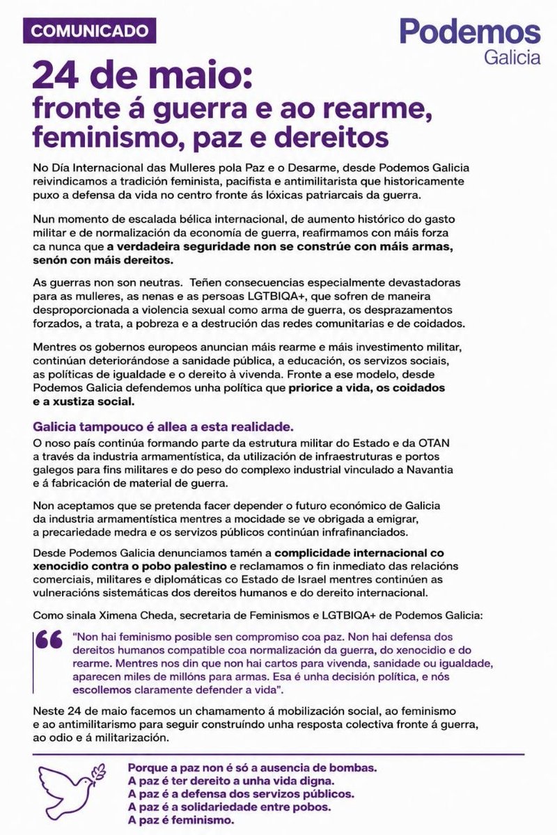 Podemos_Galicia's tweet photo. Nun mundo que normaliza a guerra, o rearme e o odio, reivindicamos máis feminismo, máis paz e máis dereitos.

A paz é defender os servizos públicos.
A paz é garantir vidas dignas.
A paz é solidariedade.
A paz é feminismo. https://t.co/OvC8d16kN3