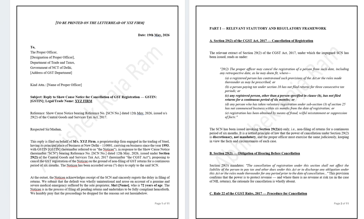 abhishekrajaram's tweet photo. During Today's session, we prepared a reply based on the case study stating that the party has received an SCN for non-filing of GST Returns for a continuous period of 6 months.

I'm sharing this reply (in MS Word) for you to use.
This reply covers almost all aspects of cancellatio by the department and our arguments from no revenue loss, to natural justice, to golden triangle (Article 14, Article 19(1)(g) and Articel 21 of the Constitution).

This reply covers almost all aspects of the department's cancellation and our arguments, from no revenue loss to natural justice to the golden triangle (Articles 14, 19(1)(g), and 21 of the Constitution).

Link to download the Word template is in the first comment.

Request: Please share your feedback after you review the reply.

Thanks

Abhishek Raja Ram
9810638155