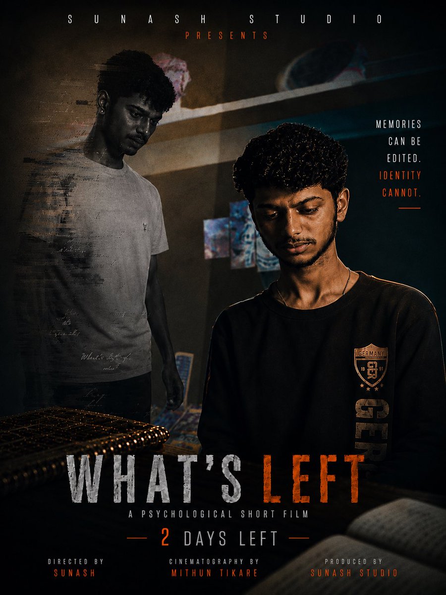 SunAshh's tweet photo. WHAT’S LEFT 
Releasing on: 26 MAY 2026
Audio: English &amp; Kannada (ಕನ್ನಡ)
Produced by @sunashstudio
Cinematography by @mithun_tikare
Story, Screenplay, Dialogues &amp; Directed by @thesunash
#WhatsLeft #ShortFilm #Identity #EverydayRealities #Kannada #english #SunashStudio https://t.co/aSmLRviuoY