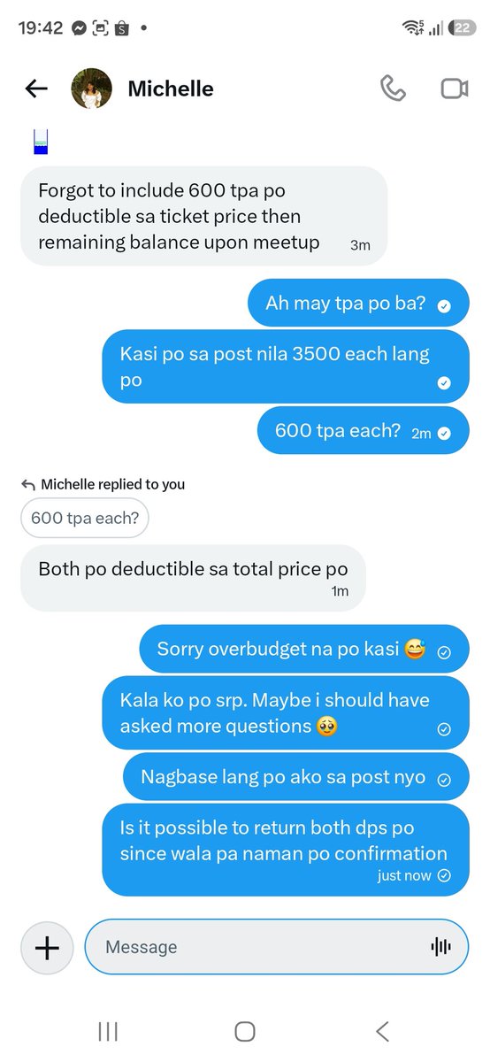 EXODecluttering's tweet photo. Then nag-ask pa uli ng TPA 600 PHP on top of the 800 PHP each DP.

Then her explanation doesn't make any sense logically sa price ng ticket.

At this point, di pa din nagsesend ng proof of purchase from smtickets https://t.co/R91I38k9cH