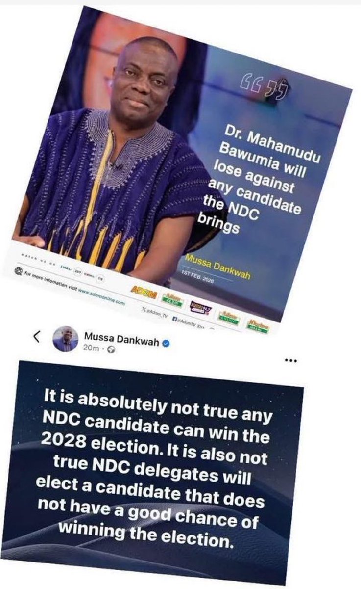 _KwabenaNPP's tweet photo. Baba Musah is going mad. He once predicted Bawumia would lose to any NDC candidate.  However, today he claims Bawumia could win against the NDC candidate who emerges in 2028.

The lottery forecaster is backtracking.🙄🤦🏻‍♂️💔 https://t.co/peAYzRONX5