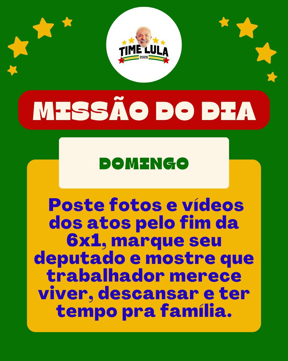 TimeLulaBrasil's tweet photo. Hoje é dia de ocupar as ruas e as redes! Poste fotos e vídeos dos atos pelo fim da escala 6x1 sem redução salarial e mostre que trabalhador merece tempo pra viver, descansar e estar com a família.

Marque o @timelulabrasil e ajude essa mobilização a ecoar pelo Brasil inteiro. https://t.co/mnF4K9LhaH