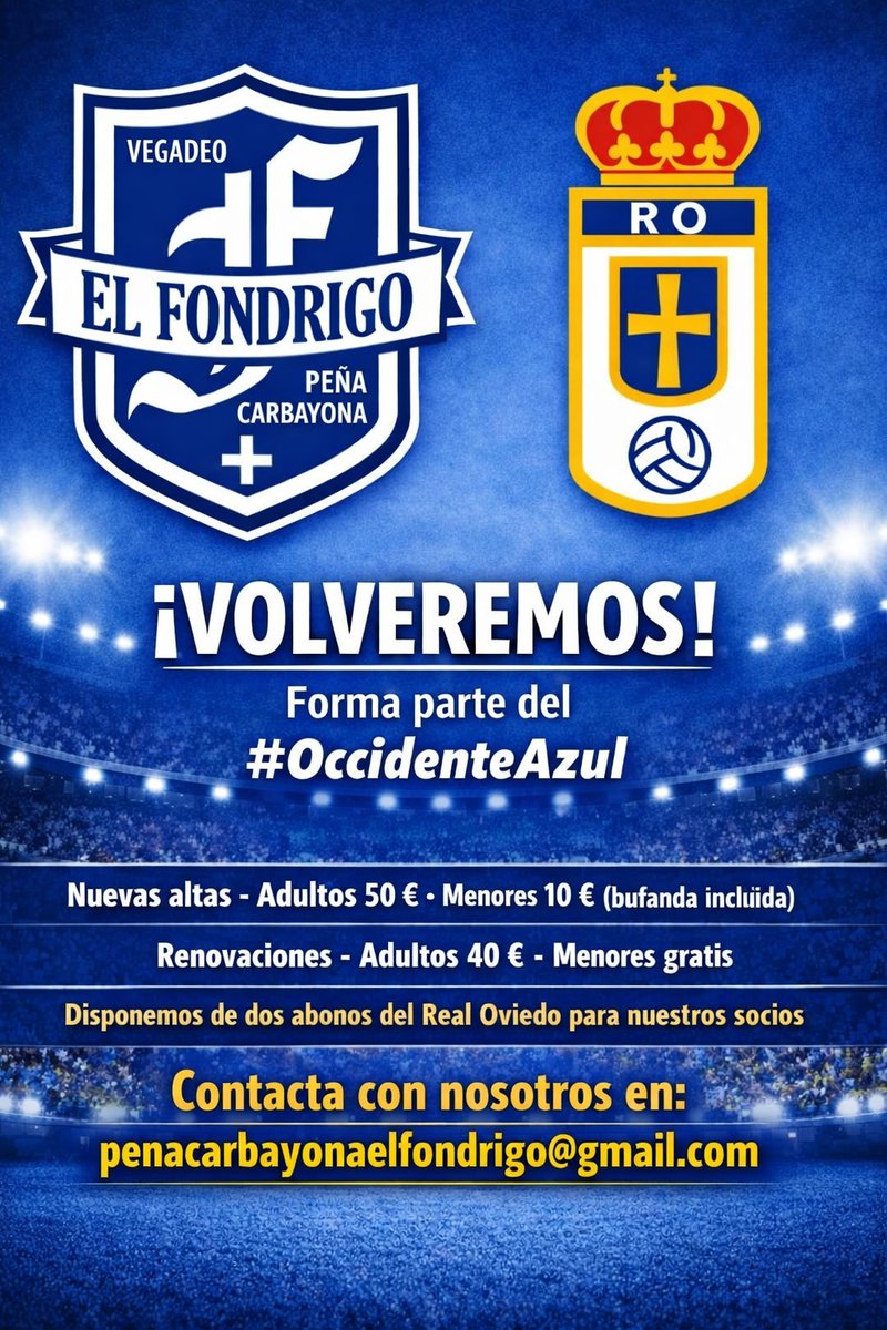 P_El_Fondrigo's tweet photo. Ya empezamos a pensar en la temporada que viene, con la ilusión de siempre.

Por ello, lanzamos campaña de socios de la peña para la 26/27, porque el oviedismo no se rinde aunque vengan mal dadas 💪🏼.

¡El #OccidenteAzul te espera!

💙 HALA @RealOviedo 💙 https://t.co/wzS88A8GHt