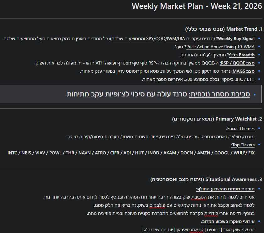 Maor__1's tweet photo. תוכנית מסחר שבועית - שבוע 21, 2026

תיקון לא יגיע בחיים?🤪

תוכנית עבודה לשבוע הקרוב:
אז השבוע ירדנו טיפונת כדי לבחון את ה10EMA ונכון לכרגע נראה שממשיכים.
כמה עוד נעלה? אין לדעת !!!
האם יגיע תיקון מתישהו? ברור !!!
האם יש לנו שמץ של מושג כמה חמור יהיה התיקון? לא !!!

אחד הדברים שאני מנסה לעבוד עליו יותר כרגע הוא הprobabilistic mindset שקצת "ברח ממני" בגלל טעויות כאלו או אחרות שהפריעו לי לחשוב כמו שצריך.
וכדי לשפר את זה באמת אני מנסה להזכיר לעצמי באופן יומיומי שאין לי מושג מה יקרה, אני בסופו של דבר נמצא במשחק של הסתברויות ואני צריך כל הזמן למצוא איך לנצל את הedge שלי בו.
אני לא צריך לחשוב יותר מדי או להסס יותר מדי כשהדברים מסתנכרנים בדיוק לפי השיטה שלי.
מאתגר מאוד, לא אשקר.

התוכנית השבוע היא לנסות להצמד כמה שיותר ללידריות ולחפש אותן בנקודת כניסה עם סיכון:סיכוי הגיוני ונכון כדי שלא אעוף ישירות בסטופים ביום אדום קטן שלא עושה דבר רע לשווקים.
בנתיים השוק נראה בריא מאוד, מתרחב בצורה נכונה, כסף זורם והרוטציה נראית באופן די ברור לעין (תוכנה וסייבר) הייתי אומר אז אני די אופטימי.
עיניים כמובן גם לא יורדות מה-XLE ומחיר הנפט שאולי רומז לנו על איזשהו תרחיש של תיקון בגלל המצב באיראן עם הנפט.

התחלתי להוריד פה מהפעילות כי אני מרגיש שיש המון המון דברים שאני צריך לעבוד עליהם ולשפר אותם(מסחר, בת זוג, לימודים, משפחה) במקום לבלבל לאנשים פה במוח במהלך השבוע🤪
אז ככל הנראה אמשיך להעלות רק את התוכנית השבועית כדי לשמור על הרוטינה, ה"התחייבות" כלפי חוץ עוזרת לי פסיכולוגית לשמר את זה.

שבוע מבורך🤠