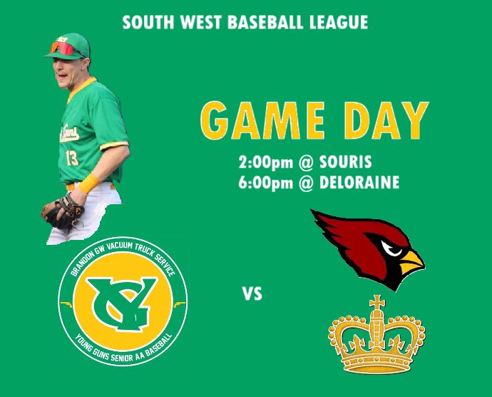 BdnYoungGuns's tweet photo. GAME DAY:

🆚 Souris Cardinals
🕑 2:00pm
📍 Souris, MB

🆚 Deloraine Royals 
🕕 6:00pm
📍 Deloraine, MB

It’s a beautiful day for ball as the Guns hit the road for a double-header in Souris and Deloraine. #GoGuns #JO21 #SWBL https://t.co/vff5s7qxgg