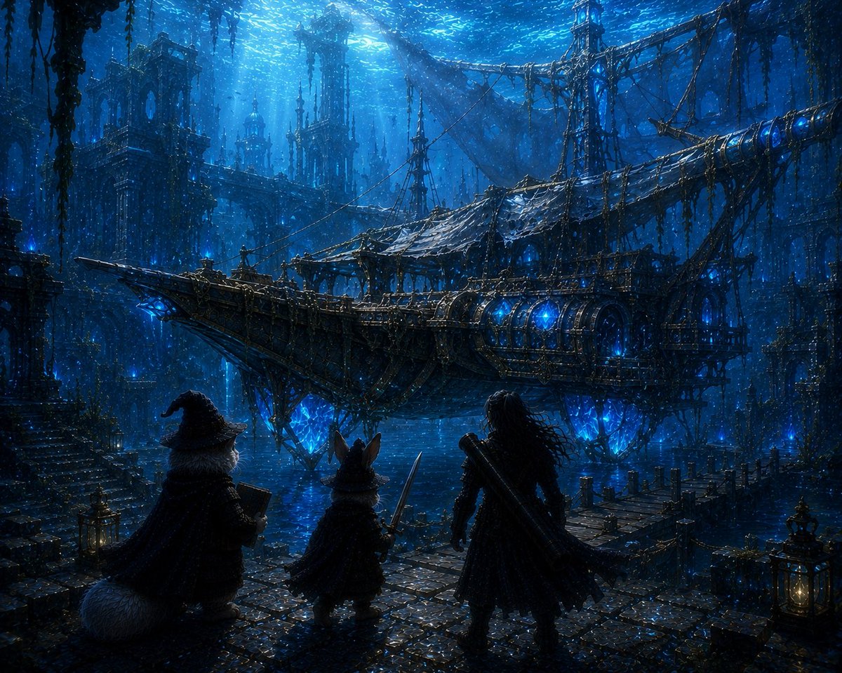 GoReichan's tweet photo. 三匹は古代レムリアの港跡で、
朽ちた飛行艇を見つける。
帆ではなく、
巨大な青い鉱石で浮く船。
「空力石（エーテル鉱石）」っ言ってた。
古代文明だけが扱えた、
失われた技術。

今日は調べごとしてた。
魔導書を読んでみたけど…
空を見上げながらスープを飲みパンも食べてる。 https://t.co/c4kFAV2ln2