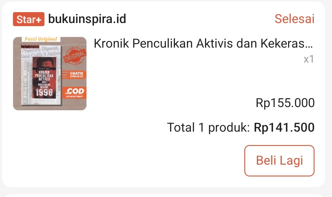 eveyylashh's tweet photo. dalemnya ada yang aku tandain juga pakai pensill dan ini bukti belinya, aku jual 120 dehh boleeh negooo. NAH tapi gatau bisa oren atau engga nanti aku cek yaahh

tag. wts buku kronik penculikan aktivis dan kekerasan negara 1998 https://t.co/YxtvYXpe1P