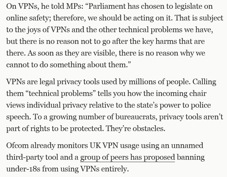 Blaze_SW19's tweet photo. [Digital Prison] Incoming Chief of UK Speech Regulator Ofcom Takes Aim at VPNs: https://t.co/O8RrDUhW7i https://t.co/ENrf3l8Iew